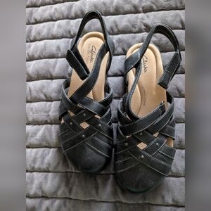 Clarks Black Leather Strappy Slingback Sandals